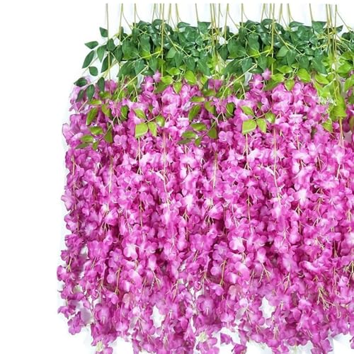 OUKEYI Künstliche Glyzinien-Blumen-Girlande, 100 cm, Seidenblumen, hängende Rebe für drinnen und draußen, Haus, Garten, Weihnachten, Hochzeit, Party, Dekoration (Violett-Rot) von OUKEYI