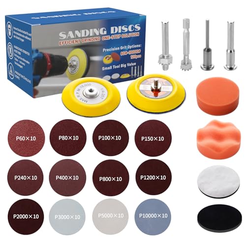 120 Stück Schleifpapier Klett 2 Zoll 75mm Kör | Präzisions-Schleifpad + Schwamm (mit Sechskantachse & Gewinde) | Für Auto-Politur, Glasglanz & Kalkentfernung | Auto-Waschset/Schlagschrauber-tauglich von OUNAN