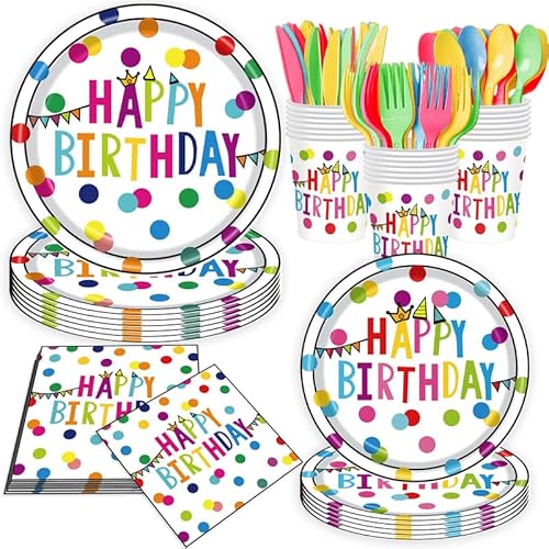 350 Stück Happy Birthday Partyzubehör, Geburtstagsdekorationen, bunte Punkte für Jungen und Mädchen, inklusive Happy Birthday Teller und Servietten, Becher, Tischdecke, 50 Stück 350 Stück Happy Birthday Partyzubehör, Geburtstagsdekorationen, bunte Punkte für Jungen und Mädchen, inklusive Happy Birthday Teller und Servietten, Becher, Tischdecke, 50 Stück von OUNIY