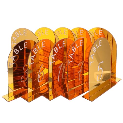 OUNONA 10 Stück Bogen-Tischnummern für Hochzeiten, 1–10, mit Ständern, Tischnummernhalter aus Acryl in Gold für Hochzeitsempfänge, Partys, Jubiläen und Veranstaltungen von OUNONA