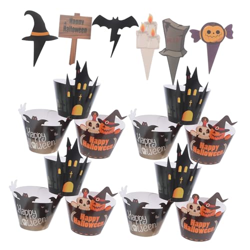 OUNONA 2sätze Papier Muffinförmchen Kürbis Cupcake Förmchen Gruselige Cupcake Topper Halloween Backzubehör Mit Spinnen Geist Und Totenkopf Für Partydekoration Kuchendekorationen von OUNONA