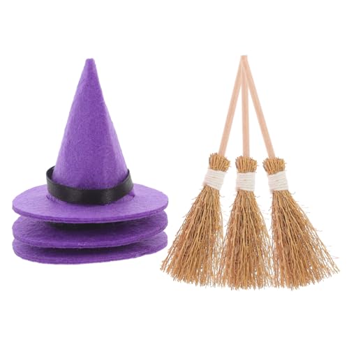 OUNONA 3 Satz Mini Hexenhut Set mit Besen Teiliges DIY Bastelset für Halloween Dekoration Hexenhüte Mini Besen für Kreative Bastelideen und Festliche von OUNONA