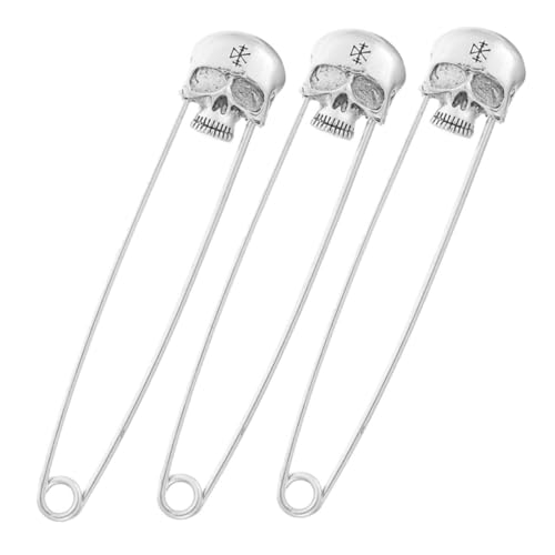 OUNONA 3 Stück Teiliges Set Metall Schädel Broschen Lange Sicherheitsnadeln für Pullover Schals Hemden DIY Schmuck Robuste Kleidungssicherung Vielseitige Modeaccessoires in Antik Silber von OUNONA