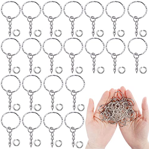 100 Stück Metall Schlüsselring Schlüsselanhänger,25mm Schlüsselring mit Kette Schlüsselanhänger mit Spaltringe,Keyring Chain Spaltringe SprungRing für DIY Basteln Schlüssel Tasche (2) von OUOQI