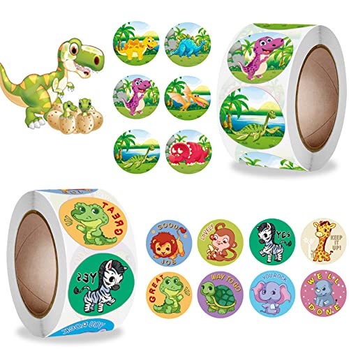 1000 Stück Dinosaurier Aufkleber Sticker,Runde Cartoon Tier Aufkleber,Dinosaur Aufkleber,Tieraufkleber für Kinder,Dinosaurier Belohnungsaufkleber,Kinder Lehrerpreis Motivation Aufkleber,1 Zoll von OUOQI