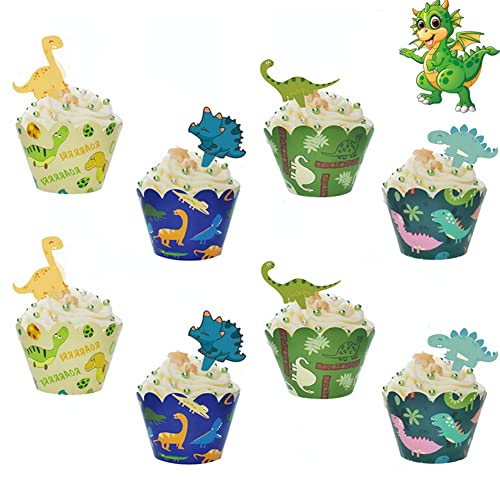 24 Stück Dinosaurier Cupcake Wrappers und 24 Stück Dinosaurier Cupcake Toppers,Muffin Dino Cupcake Wrappers,Dinosaurier Kuchen Dekoration für Kinder Party Geburtstag Jungen Mädchen von OUOQI