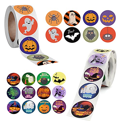 Halloween Aufkleber Rolle,1000 Stück Halloween Sticker,Halloween Dekorative Aufkleber,Kürbis fledermaus Geisterspinnen Sticker,Kinder Halloween Aufkleber Rolle von OUOQI