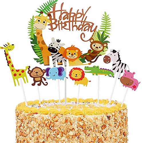 36 Stück Tier Cake Topper,Tier Kuchendeckel Topper,Enthält 1 Happy Birthday Dschungel Girlande,Tier Cupcake Toppers,Dschungel/Zoo Themed Kuchendeckel,für Kinder Baby Party Geburtstag Party von OUOQI