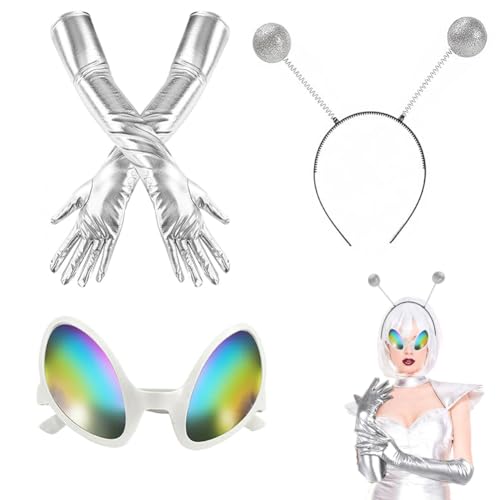 OUOQI Alien Kostüm Set,Alien Rave Outfit,Alien Stirnband und Brille Handschuhe,Alien Kostüm Zubehör,Alien Kostüm Haarreif Brille Set,Alien Haarreif Silber,Alien Stirnband für Kinder Erwachsene von OUOQI