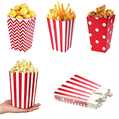 OUOQI Popcorntüten,36 Stück Popcorn Box,Candy Bar TüTen,Snackbox Pappe,Party Papiertüten Streifen Tupfen Wellenförmige Muster für Party Geburtstag Hochzeit Geschenk (Rot) von OUOQI