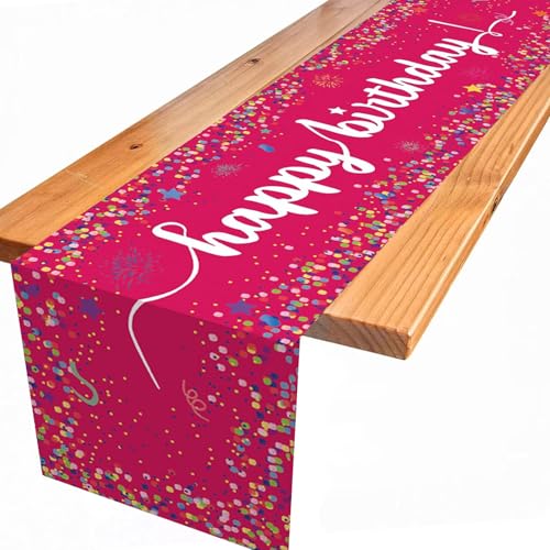 OUOQI Tischläufer Geburtstag, 183x33cm Leinen, Rosa, Confetti-Muster, Feierlich, Maschinenwäsche, für Jungen & Mädchen Geburtstagsparty Deko von OUOQI