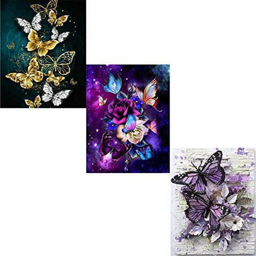 3 Pack Schmetterling 5D Diamond Painting Zubehör Voll Full Set für Kinder Erwachsene Anfänger,Rose Blume Painting Bilder Stickerei Strass Malerei Kunsthandwerks Gemälde Wanddekoration,40*30CM von OUROIRIL