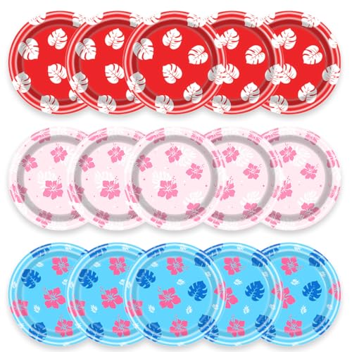60 hawaiianische Party-Pappteller, tropisches Cartoon-Blumen-Partyzubehör, Hibiskusgeschirr, 17,8 cm Dessertteller im Hawaiian-Stil, geeignet für Sommer, Strand, Pool, Geburtstagsparty-Dekorationen von OUSHISS
