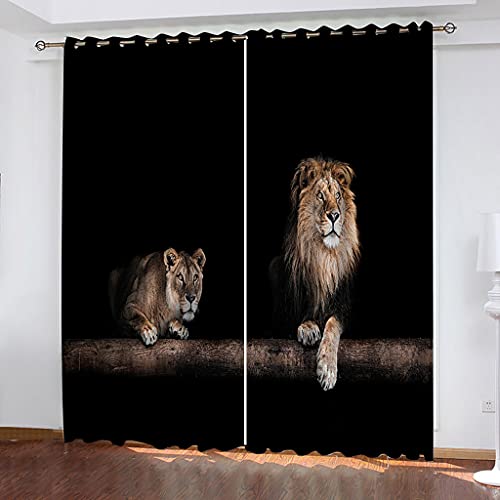 2Er Set Blickdichter Verdunklungs Gardinen Mit Ösen 3D Löwen Vor Schwarzem Hintergrund Für Wohnzimmer Schlafzimmer Kinderzimmer 280x260Cm Druck Muster Super Weich Schallisoliert Thermovorhänge von OUSIKA