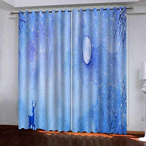 2Er Set Blickdichter Verdunklungs Gardinen Mit Ösen 3D Tier Elch Blaues Gemälde Für Wohnzimmer Schlafzimmer Kinderzimmer 280x260Cm Druck Muster Super Weich Schallisoliert Thermovorhänge von OUSIKA