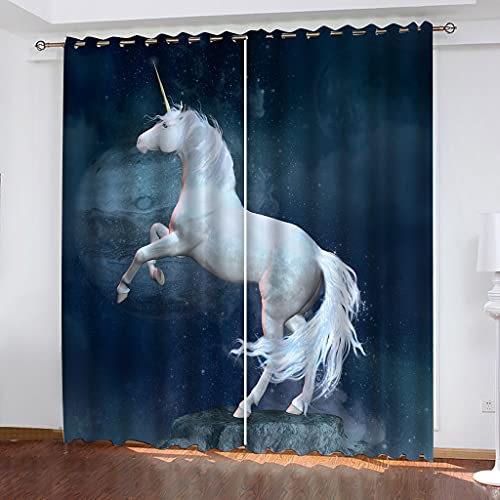2Er Set Blickdichter Verdunklungs Gardinen Mit Ösen 3D Tier Pferd Blauer Sternenhimmel Für Wohnzimmer Schlafzimmer Kinderzimmer 280x260Cm Druck Muster Super Weich Schallisoliert Thermovorhänge von OUSIKA