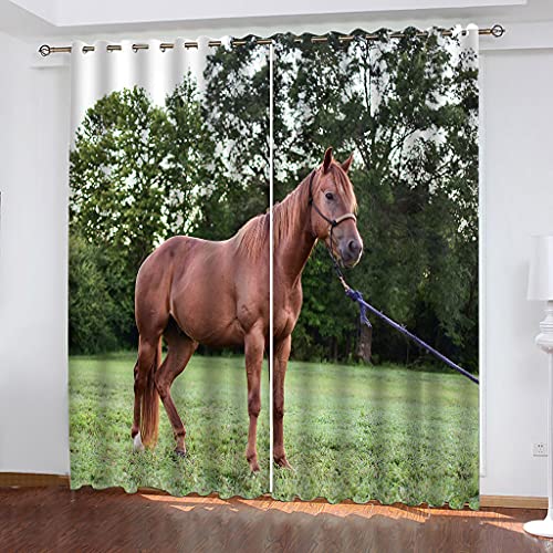 2Er Set Blickdichter Verdunklungs Gardinen Mit Ösen 3D Tier Pferd Grüner Rasen Für Wohnzimmer Schlafzimmer Kinderzimmer 280x260Cm Druck Muster Super Weich Schallisoliert Thermovorhänge von OUSIKA