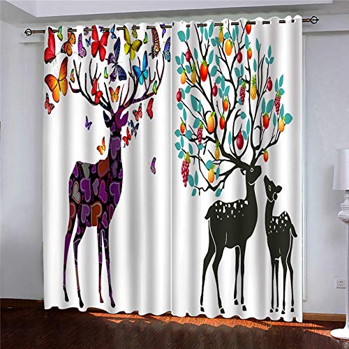 3D Kreative Elche, Schmetterlinge Und Früchte Gardinen Mit Ösen Set Drucken Vorhänge Modern Wohnzimmer Polyester Gardinen 140x240Cm Küche Fenster Schlafzimmer Blickdichte Dekor Für Jungs Jugendliche von OUSIKA