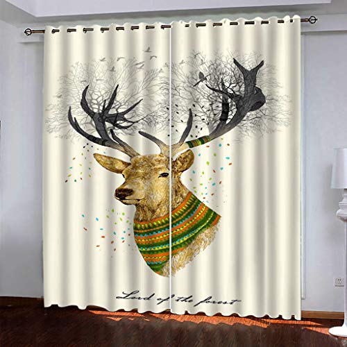 90% Blickdichter Vorhang Mit Ösen 3D Tier Elchporträt Wohnzimmer Gardinen 264x240Cm 2 Stück Muster Verdunkelungsvorhang Farben Kinderzimmer Fensterdekoration Thermovorhang Schlafzimmer von OUSIKA