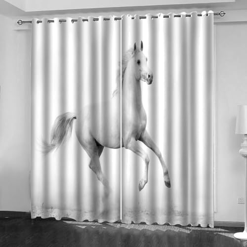 90% Blickdichter Vorhang Mit Ösen 3D Tier Weißes Pferd Wohnzimmer Gardinen 264x240Cm 2 Stück Muster Verdunkelungsvorhang Farben Kinderzimmer Fensterdekoration Thermovorhang Schlafzimmer von OUSIKA