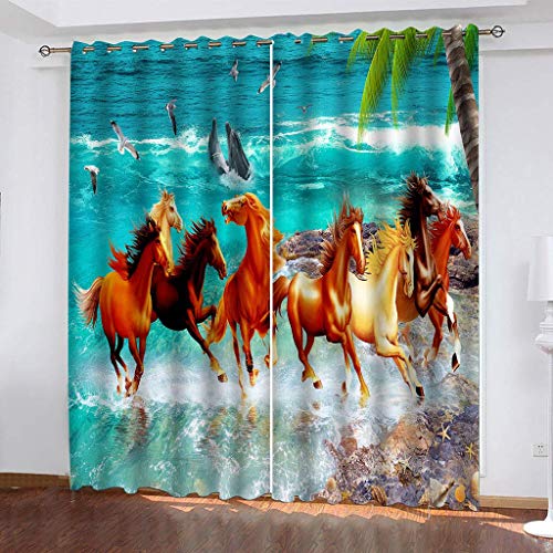 Gardinen Schlafzimmer Tier Pferd Blaue Meereslandschaft Wohnzimmer Verdunkelungsvorhang 3D Mode Muster Blickdicht Vorhänge Kinderzimmer Thermovorhang Mit Ösen 180x250Cm 2Er Set Fensterdekoration von OUSIKA