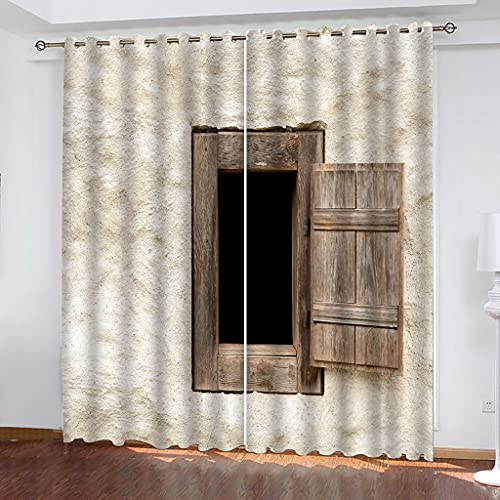 OUSIKA 3D Kreative Kleine Holzfenster He Gardinen Mit Ösen 2Er Set Drucken Vorhänge 234x230Cm Modern Wohnzimmer Polyester Küche Fenster Schlafzimmer Weich Verdunklungsvorhänge Thermo Blickdichte von OUSIKA