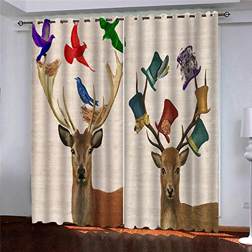OUSIKA 3D Tier Elch Kleiner Vogel Gardinen Mit Ösen Set Drucken Vorhänge Modern Wohnzimmer Polyester Gardinen 140x240Cm Küche Fenster Schlafzimmer Blickdichte Dekor Für Jungs Jugendliche von OUSIKA
