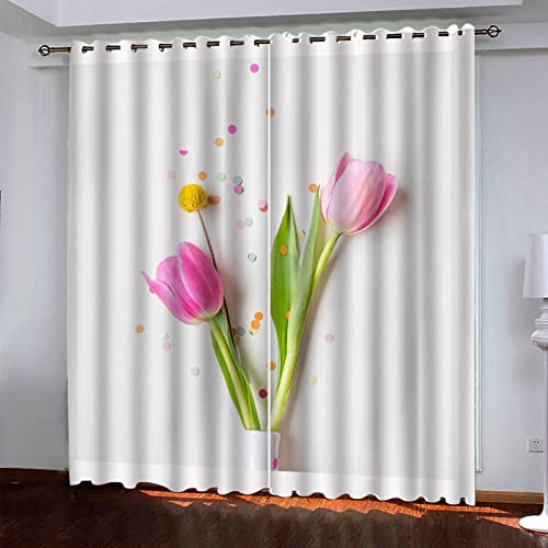 OUSIKA Kinder Vorhänge 3D Rosa Tulpe Blume Vorhang Kinderzimmer Mädchen Ösenvorhang 2Er Set 140x160 cm Verdunklungsvorhänge Mit Kinderzimmer Gardinen Mädchen, Fenstervorhänge Für Schlafzimmer von OUSIKA