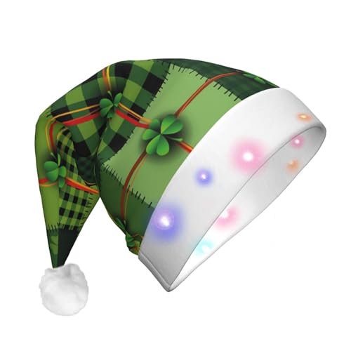OUSIKA Patchwork-Weihnachtsmannmütze, lustige Plüsch-Weihnachtsmütze mit bunten LED-Lichtern, für Erwachsene, leuchtende Hüte für Neujahr, festliches Partyzubehör von OUSIKA