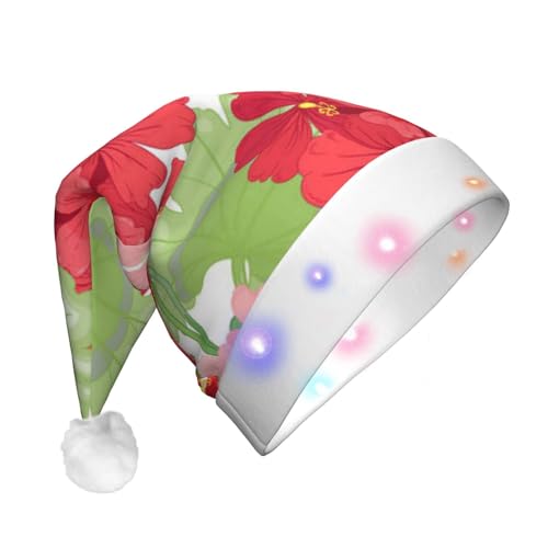 OUSIKA Rote Geranie Blume Weihnachtsmann Hut Lustige Plüsch Weihnachtsmütze mit bunten LED-Lichtern Weihnachten Erwachsene Leuchtende Hüte für Neujahr Festliche Party Supplies von OUSIKA