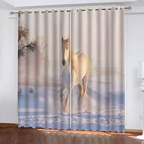 OUSIKA Schlafzimmervorhänge 160x200Cm Bedruckte Sonnenschutzvorhänge, Fenster 3D Tier Pferd Schneelandschaft Vorhang Blickdicht Mit Ösen Für Gardinen Geeignet Für Balkon, Wohnzimmer, Kinderzimmer von OUSIKA