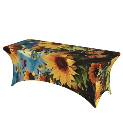 OUSIKA Tischdecke mit Sonnenblumen und Schmetterlingen, dehnbar, rechteckig, waschbar, für Party, Hochzeit, Cocktail, Bankett, Festival, 1,8 m OUSIKA Tischdecke mit Sonnenblumen und Schmetterlingen, dehnbar, rechteckig, waschbar, für Party, Hochzeit, Cocktail, Bankett, Festival, 1,8 m von OUSIKA