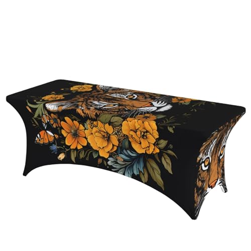 OUSIKA Tischdecke mit Tiger- und Sonnenblume auf schwarzem Hintergrund, Stretch-Tischdecke, rechteckig, waschbar, Tischdecke für Party, Hochzeit, Cocktail, Bankett, Festival, 1,8 m OUSIKA Tischdecke mit Tiger- und Sonnenblume auf schwarzem Hintergrund, Stretch-Tischdecke, rechteckig, waschbar, Tischdecke für Party, Hochzeit, Cocktail, Bankett, Festival, 1,8 m von OUSIKA
