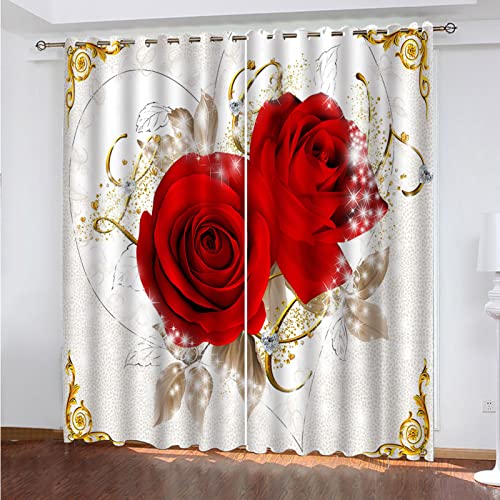 OUSIKA Wärmeisolierende Vorhänge Mit Ösen 3D Rote Rosen Blume Thermovorhang Für Alle Fenster, 234x230 cm 2Er-Set Gardinen Verdunklungsvorhänge Blickdicht, Vorhänge Für Wohnzimmer Kinderzimmer von OUSIKA