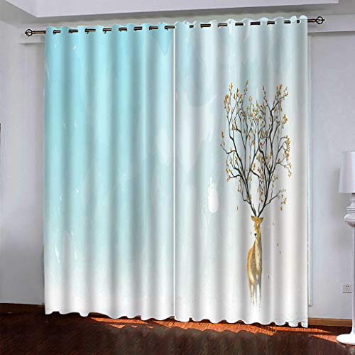 Schlafzimmer Vorhang 3D Tier Hirsch Blaue Kunst Mädchen Polyester 2 Stück Ösenvorhang Blickdicht 264x214Cm Gardinen Druck Verdunkelung Vorhänge Für Kinderzimmer Wohnzimmer Fenster Thermovorhang von OUSIKA