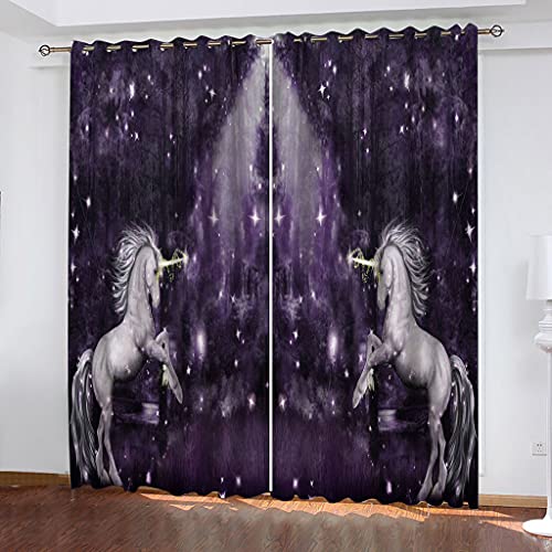 Schlafzimmervorhänge 160x200Cm Bedruckte Sonnenschutzvorhänge, Fenster 3D Tier Pferd Violetter Sternenhimmel Vorhang Blickdicht Mit Ösen Für Gardinen Geeignet Für Balkon, Wohnzimmer, Kinderzimmer von OUSIKA