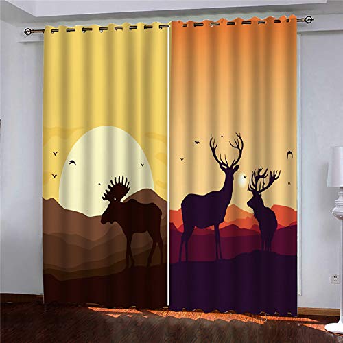 Vorhänge Wohnzimmer Blickdicht Gardinen 3D Tier Elch Sonnenuntergang Verdunkelungsvorhang Schlafzimmer Kinderzimmer Thermovorhang Fensterdekoration 200x200Cm Muster 2Set Für Jungs Jugendliche von OUSIKA