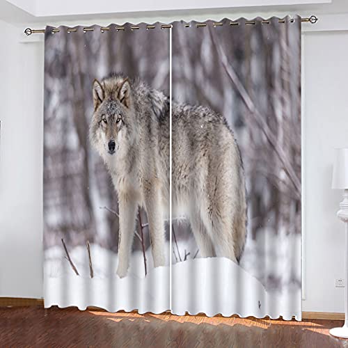 Vorhänge Wohnzimmer Blickdicht Gardinen 3D Wintertier Schneewolf Verdunkelungsvorhang Schlafzimmer Kinderzimmer Thermovorhang Fensterdekoration 200x200Cm Muster 2Set Für Jungs Jugendliche von OUSIKA