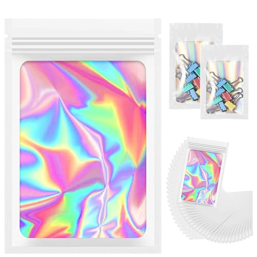 100 Stück Mylar Bags mit Transparentem Fenster, Holografische Beutel 8 x 13 cm, Reißverschlussbeutel aus Aluminiumfolie, Wiederverwendbarer Plastik, für Lagerung Kleinigkeiten, Süßigkeiten, Weiß von OUTALIZ