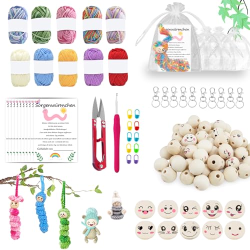 102 Stück Sorgenwürmchen Häkeln Set, 50 Holzperlen mit Gesicht, Ausgestattet mit Garn, Schlüsselanhänger, Kleiner Schnalle, Stricknadel, Karte, Mullbeutel, Häkel Set, für DIY Häkeln, Glückswürmchen von OUTALIZ