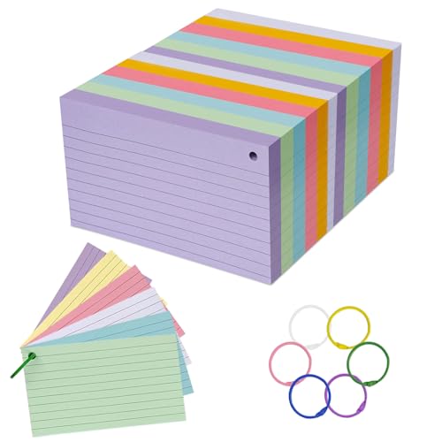 Karteikarten, 600 Stück Karteikarten mit Ring, 7,5 x 12,7 cm Karteikartenset mit Ringen, 6 Farben mit Horizontalen Linien, Beidseitig Beschreibbar, für Notizen, Memos und Listen von OUTALIZ