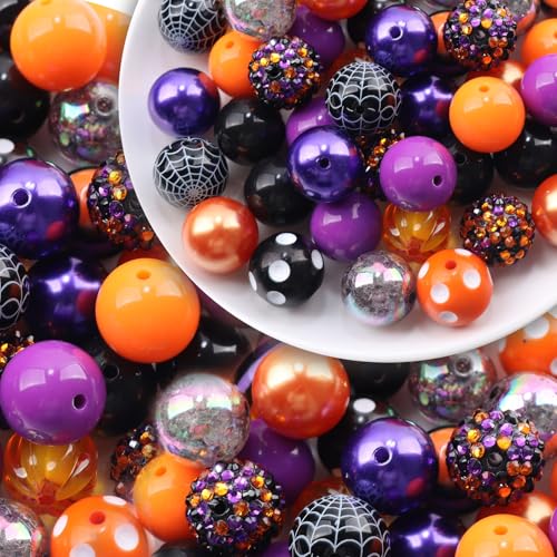 Halloween Kaugummi-Perlen, 20 mm, Acryl-Kunststoffperlen, Abstandhalter, Gumball, lose Perlen, lila, orange, klobige Perlen für Halloween, DIY (Orange und Violett), 50 Stück von OUTLEE