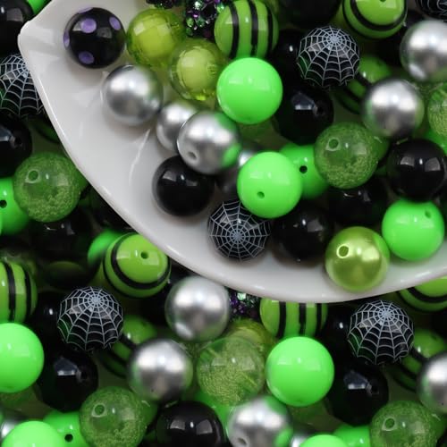 Halloween Kaugummi-Perlen, 50 Stück, 20 mm, Acryl-Kunststoff-Perlen, Abstandhalter, Gumball, lose Perlen, schwarz, grün, klobige Perlen für Halloween, DIY (grün und schwarz) von OUTLEE