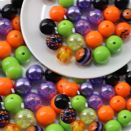 Halloween Kaugummi-Perlen, 50 Stück, 20 mm, Acryl-Kunststoff-Perlen, Abstandshalter, Gumball, lose Perlen, klobige Perlen für Halloween, DIY (Grün und Orange) von OUTLEE