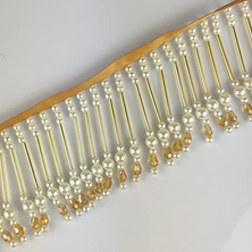OUUOYSD Fransenbesatz, Vorhangquasten, 1 Yards Kristall Perle Quaste Fringe Trim Anhänger Spitze Ribbon Trim Hochzeit Kleid Kleidungsstück Vorhang Lampenschirme Dekoration(Gold,2 Yards) von OUUOYSD