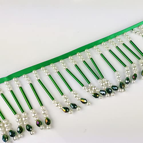 OUUOYSD Fransenbesatz, Vorhangquasten, 1 Yards Kristall Perle Quaste Fringe Trim Anhänger Spitze Ribbon Trim Hochzeit Kleid Kleidungsstück Vorhang Lampenschirme Dekoration(Green,2 Yards) von OUUOYSD