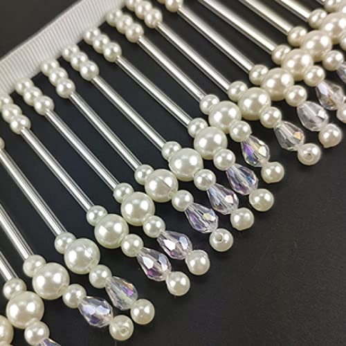 OUUOYSD Fransenbesatz, Vorhangquasten, 1 Yards Kristall Perle Quaste Fringe Trim Anhänger Spitze Ribbon Trim Hochzeit Kleid Kleidungsstück Vorhang Lampenschirme Dekoration(White,2 Yards) von OUUOYSD