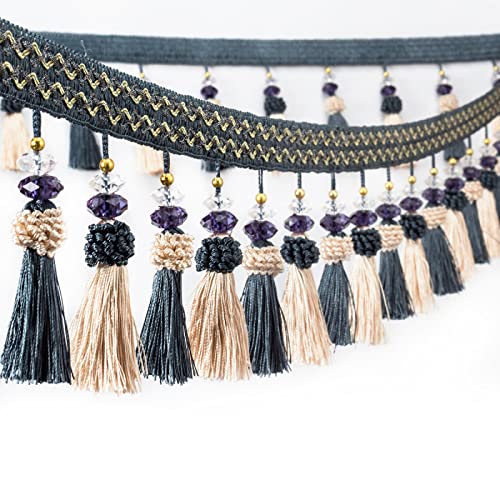 OUUOYSD Fransenbesatz, Vorhangquasten, 12 Meter Perlenquaste Fransenbesatz Randanhänger Dekorative Nähbesatz for Vorhang Tischdecke Heimpolster Dekor(Dark Blue) von OUUOYSD