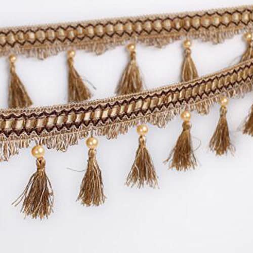 OUUOYSD Fransenbesatz, Vorhangquasten, 12 Yards Nähen Fransenbesatz Zopf Perlen Anhänger Quaste Vorhangbesätze DIY Handwerk Home Lampenschirme Sofa Tischdekoration(Light Brown) von OUUOYSD