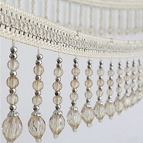 OUUOYSD Fransenbesatz, Vorhangquasten, 12 Yards Quaste Fransenbesatz Hängende Perlen Kristall Anhänger Bandbesätze Nähen Handwerk Vorhang Tischdecke Dekoration(Beige) von OUUOYSD
